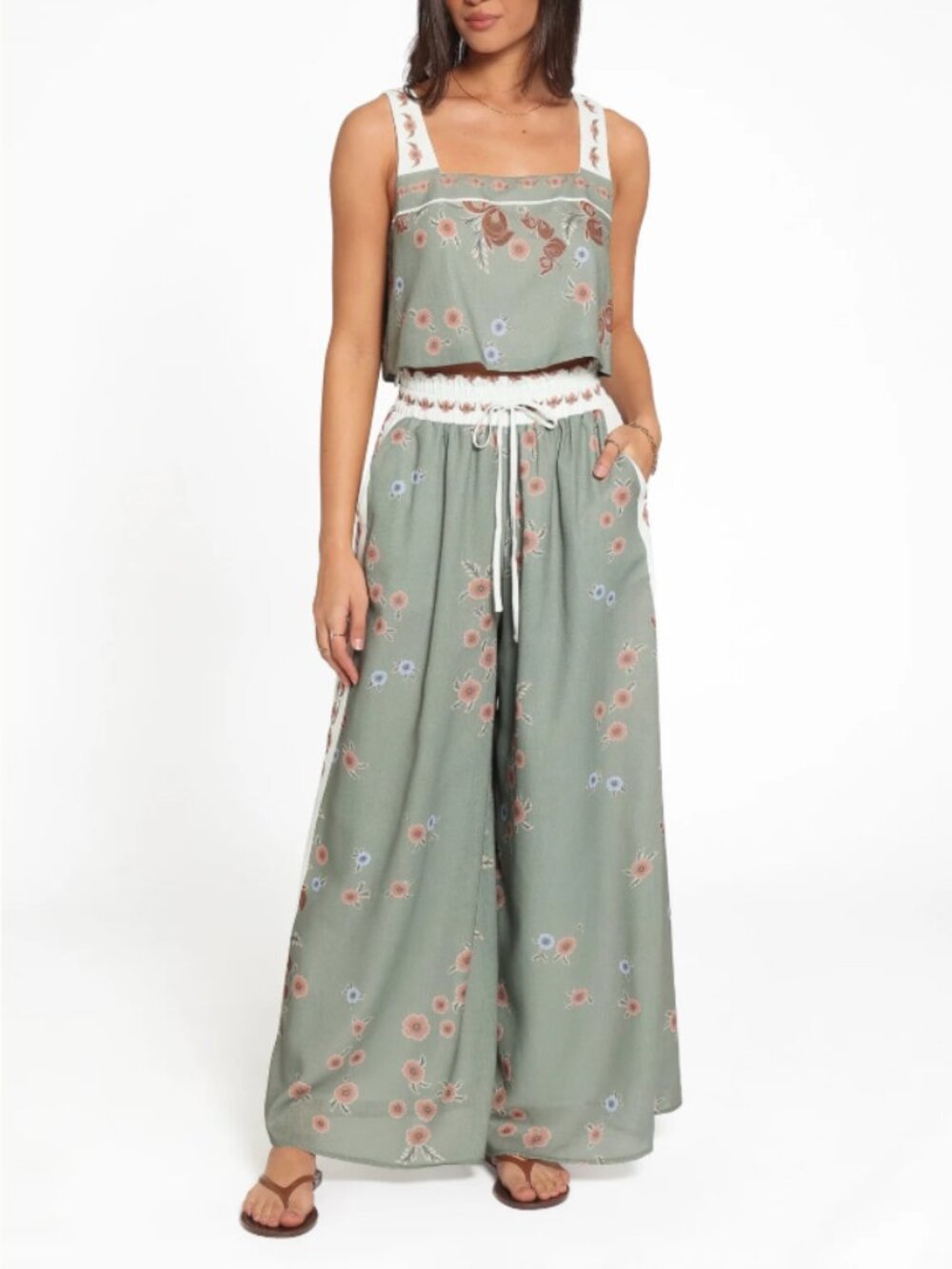 Petal + Pup Timothy Two-Piece Linen-Blend Set in Olive Floral NEW